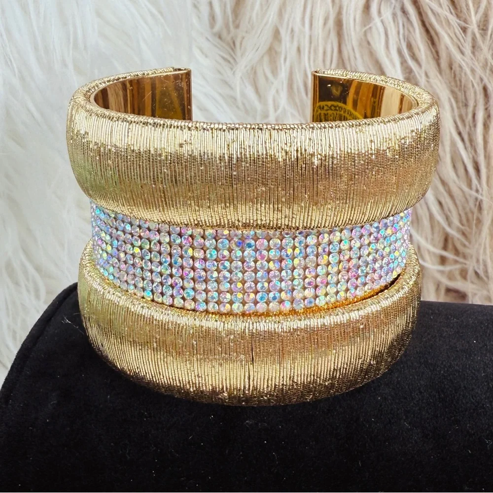 Chunky wide band, aged goldtone, iridescent cuff bracelet